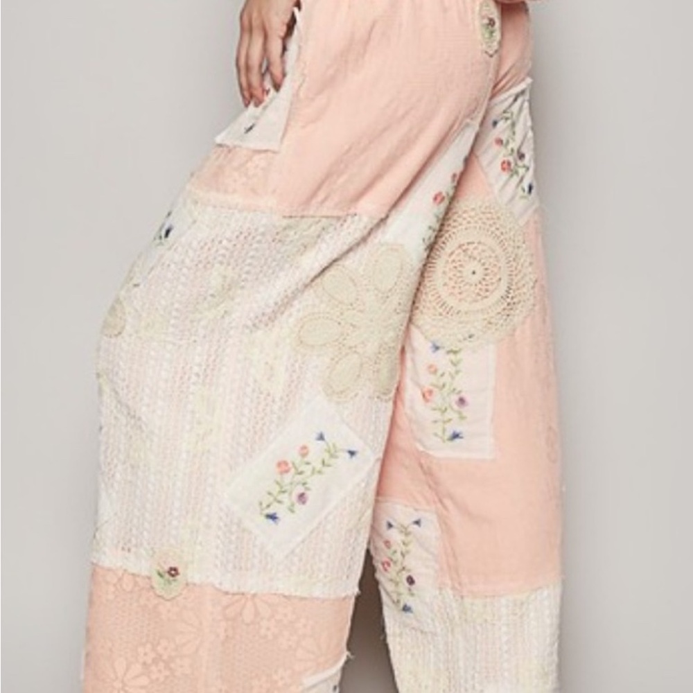 POL Soft Pink Patchwork Wide-Leg Pants with Lace & Embroidery - Picture 3 of 8